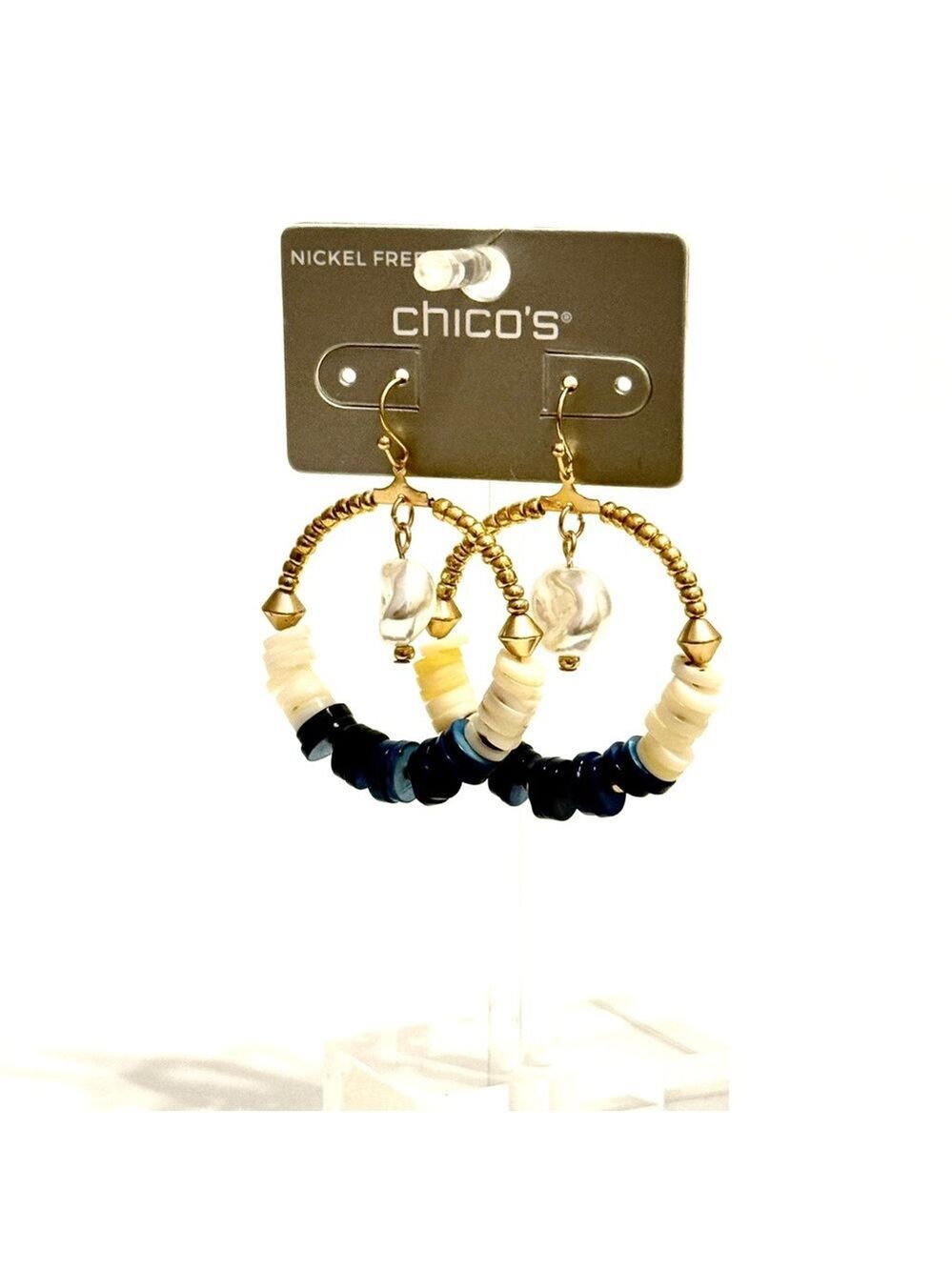 CHICO’s Blue & White Beaded Gold-Tone Hoop Pearl Earrings | NWT